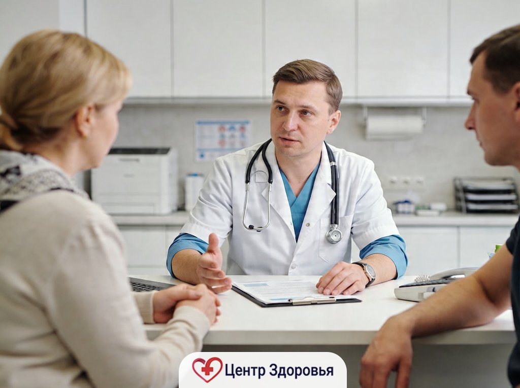 Врач обсуждает план лечения с родственниками пациента